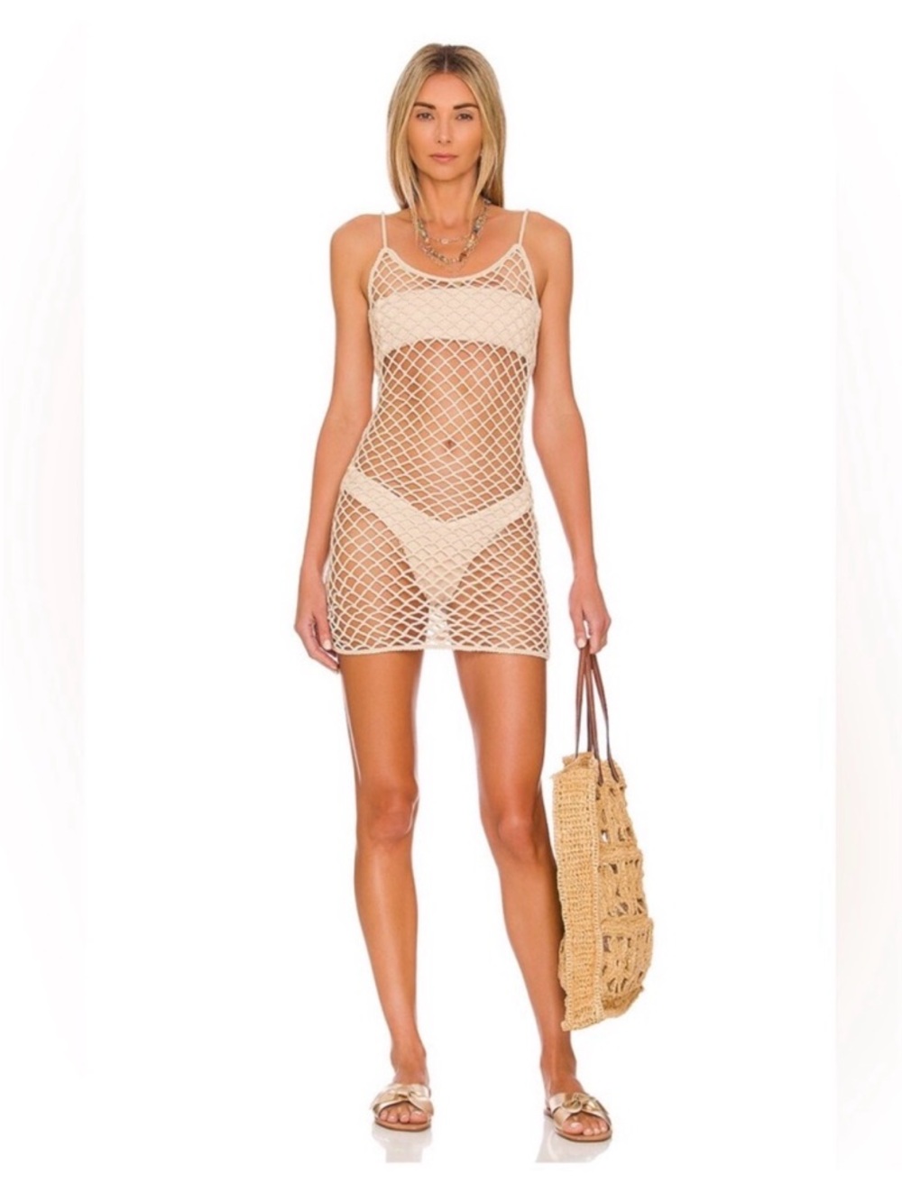 Lovers + Friends Cream Nora Crochet Swim Cover-Up Dress NWT